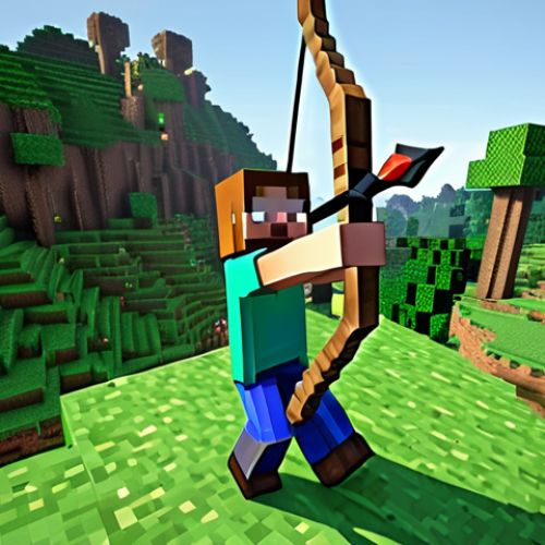 **A player skillfully fighting off a Creeper with a bow and arrow, showcasing the "hit and run" tactic in a lush, green Minecraft landscape during the day.**