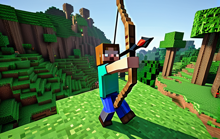 **A player skillfully fighting off a Creeper with a bow and arrow, showcasing the "hit and run" tactic in a lush, green Minecraft landscape during the day.**