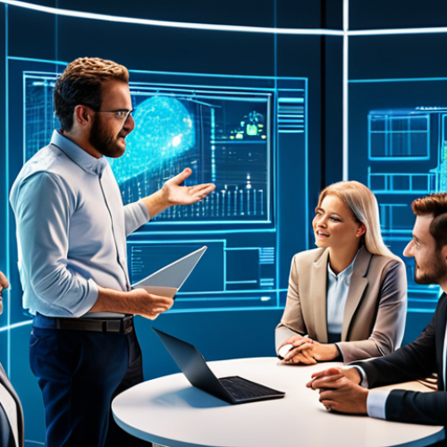 A diverse group of professional individuals, male and female, in modest business casual attire, engaged in collaborative discussion around a holographic interface in a bright, modern, open-plan office. Abstract, subtle pixel art elements are integrated into the futuristic architecture in the background. Their expressions are focused and positive, showcasing teamwork and effective communication. The scene is well-lit with soft, professional lighting. Perfect anatomy, correct proportions, natural pose, well-formed hands, proper finger count, natural body proportions, fully clothed, appropriate attire, professional dress, safe for work, appropriate content, family-friendly, high-quality professional photography.