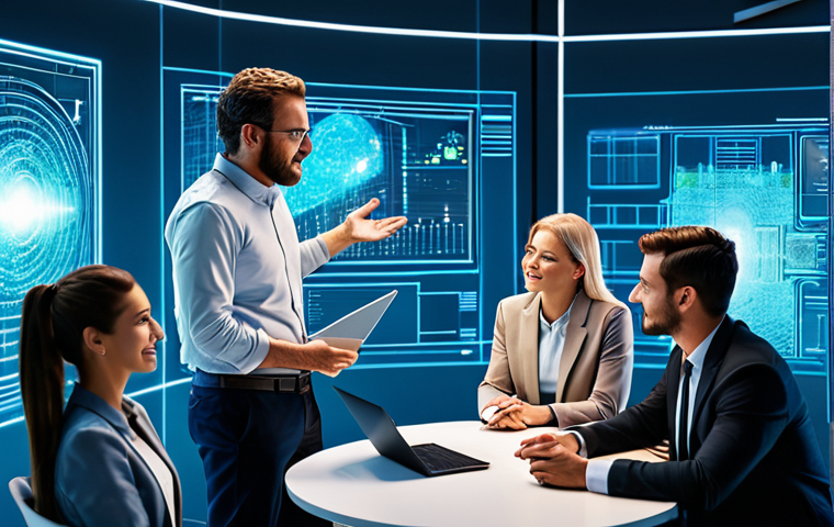 A diverse group of professional individuals, male and female, in modest business casual attire, engaged in collaborative discussion around a holographic interface in a bright, modern, open-plan office. Abstract, subtle pixel art elements are integrated into the futuristic architecture in the background. Their expressions are focused and positive, showcasing teamwork and effective communication. The scene is well-lit with soft, professional lighting. Perfect anatomy, correct proportions, natural pose, well-formed hands, proper finger count, natural body proportions, fully clothed, appropriate attire, professional dress, safe for work, appropriate content, family-friendly, high-quality professional photography.