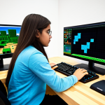 A young adult, fully clothed in modest, professional casual attire, sits at a modern, clean desk, focused intently on a large computer monitor. The screen displays a vibrant, detailed Minecraft world where complex automated structures are visibly forming from an abstract code interface. Their hands are resting near a keyboard, suggesting active engagement. The setting is a brightly lit, organized study space, emphasizing a positive learning environment. The subject has perfect anatomy, correct proportions, and a natural, engaged pose, reflecting the joy of interactive learning and problem-solving. This image is safe for work, appropriate content, fully clothed, family-friendly, professional photography, high quality, well-formed hands, proper finger count, natural body proportions.