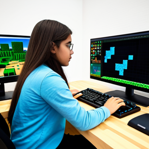 A young adult, fully clothed in modest, professional casual attire, sits at a modern, clean desk, focused intently on a large computer monitor. The screen displays a vibrant, detailed Minecraft world where complex automated structures are visibly forming from an abstract code interface. Their hands are resting near a keyboard, suggesting active engagement. The setting is a brightly lit, organized study space, emphasizing a positive learning environment. The subject has perfect anatomy, correct proportions, and a natural, engaged pose, reflecting the joy of interactive learning and problem-solving. This image is safe for work, appropriate content, fully clothed, family-friendly, professional photography, high quality, well-formed hands, proper finger count, natural body proportions.