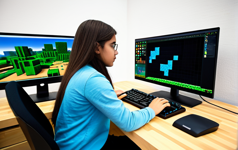 A young adult, fully clothed in modest, professional casual attire, sits at a modern, clean desk, focused intently on a large computer monitor. The screen displays a vibrant, detailed Minecraft world where complex automated structures are visibly forming from an abstract code interface. Their hands are resting near a keyboard, suggesting active engagement. The setting is a brightly lit, organized study space, emphasizing a positive learning environment. The subject has perfect anatomy, correct proportions, and a natural, engaged pose, reflecting the joy of interactive learning and problem-solving. This image is safe for work, appropriate content, fully clothed, family-friendly, professional photography, high quality, well-formed hands, proper finger count, natural body proportions.
