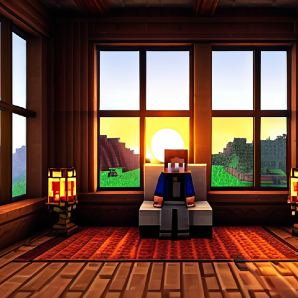 마인크래프트 조명 기술 팁 - **Warm and Inviting Home:** "A cozy Minecraft home interior, illuminated by warm-toned lanterns and ...