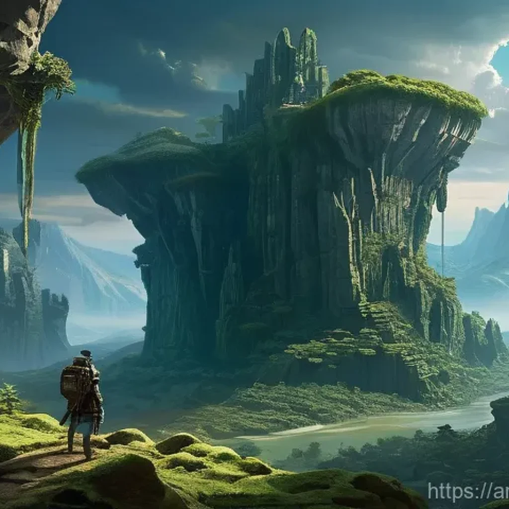 마인크래프트 생존 지도 설계 - **Ancient Mystical Survival World:** A sweeping, high-fantasy landscape depicting a colossal, jagged...