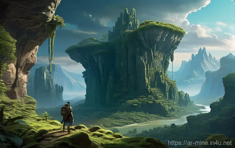 마인크래프트 생존 지도 설계 - **Ancient Mystical Survival World:** A sweeping, high-fantasy landscape depicting a colossal, jagged...