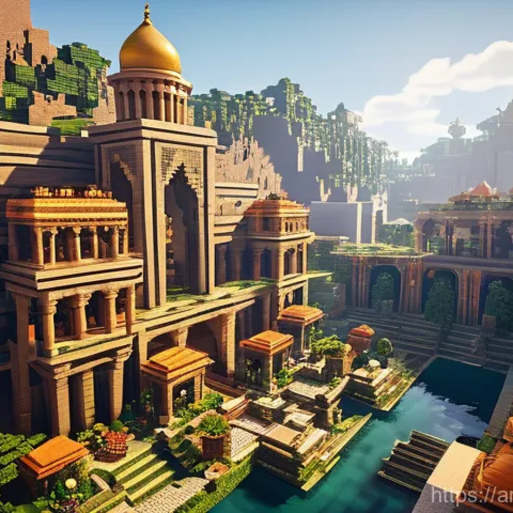 마인크래프트 서브 월드 제작 - **Prompt 1: Grand Ancient Minecraft City within a Sub-World** "A majestic, sprawling ancient cit...
