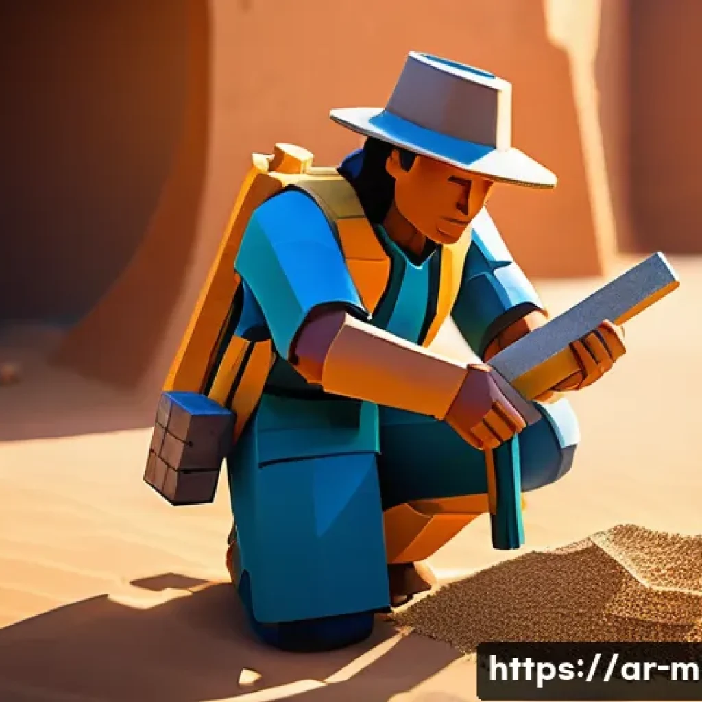 마인크래프트 유물 발굴 프로젝트 - **Prompt:** A detailed Minecraft-style image of an adventurer kneeling in a sun-drenched desert ruin...