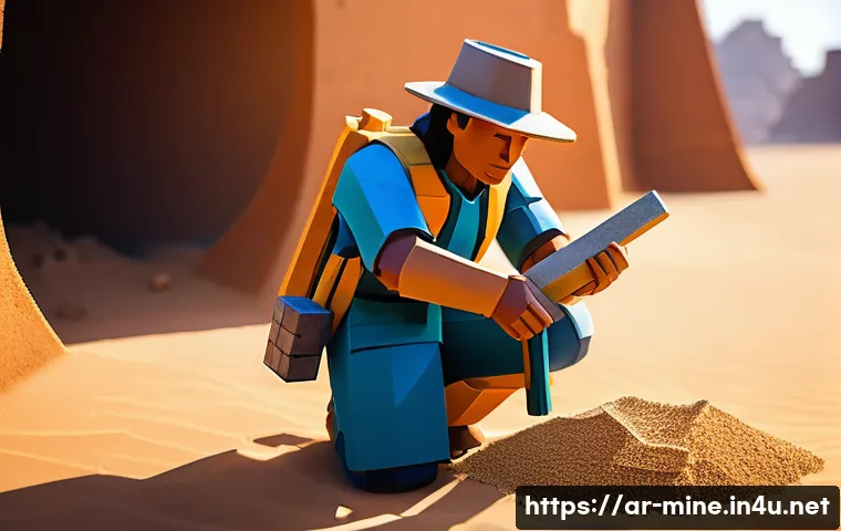 마인크래프트 유물 발굴 프로젝트 - **Prompt:** A detailed Minecraft-style image of an adventurer kneeling in a sun-drenched desert ruin...