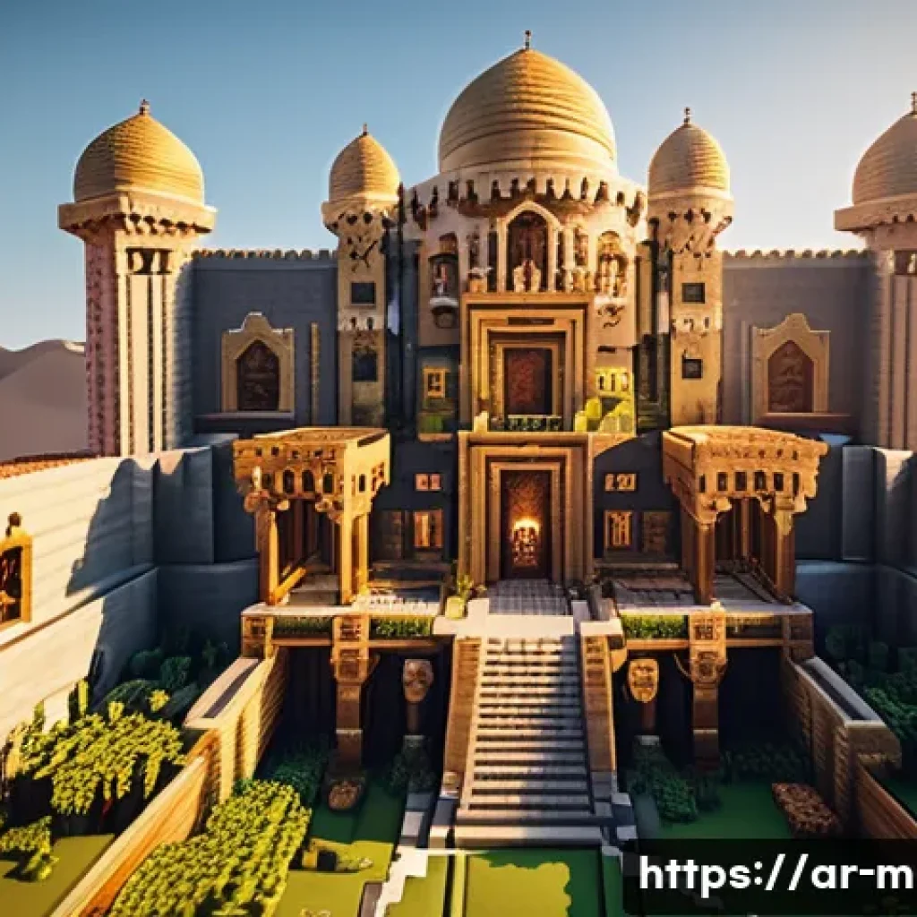 마인크래프트 연대기 시리즈 제작 - A grand Minecraft castle inspired by traditional Middle Eastern architecture, featuring tall fortifi...