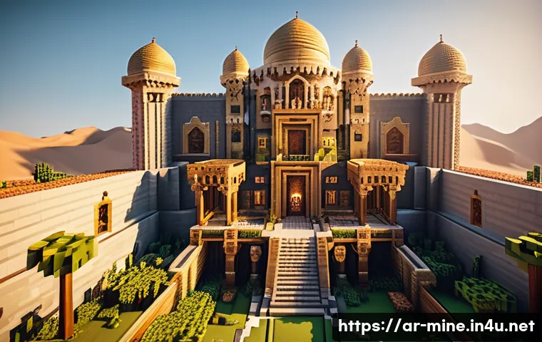 마인크래프트 연대기 시리즈 제작 - A grand Minecraft castle inspired by traditional Middle Eastern architecture, featuring tall fortifi...