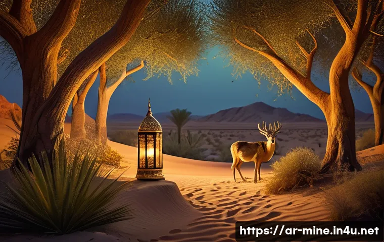 마인크래프트 캠페인 맵 설계 - A mystical enchanted forest at twilight in an Arabic-inspired fantasy world, featuring dense, ancien...