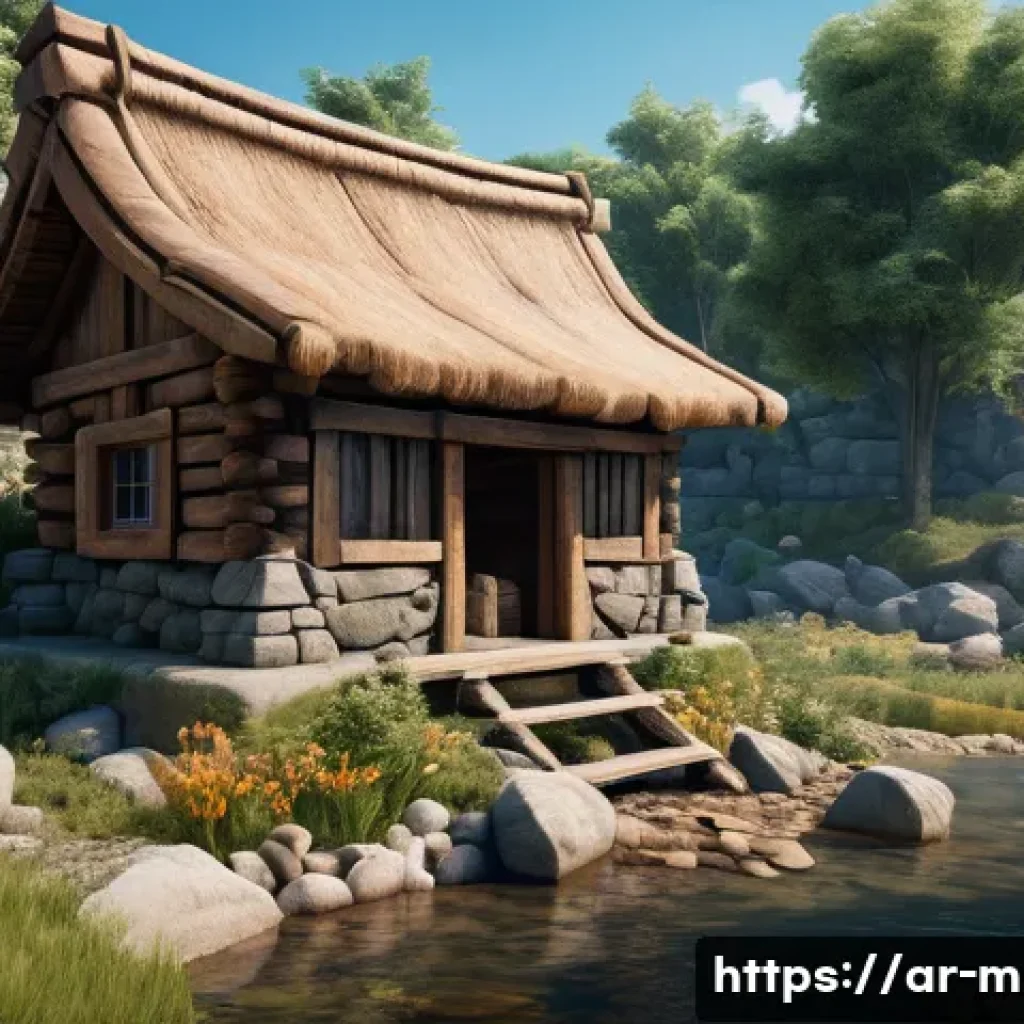 마인크래프트 야생 모드 극복 - A detailed survival game scene depicting a sturdy wooden and stone shelter built on a hilltop overlo...