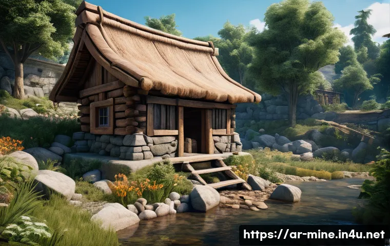 마인크래프트 야생 모드 극복 - A detailed survival game scene depicting a sturdy wooden and stone shelter built on a hilltop overlo...