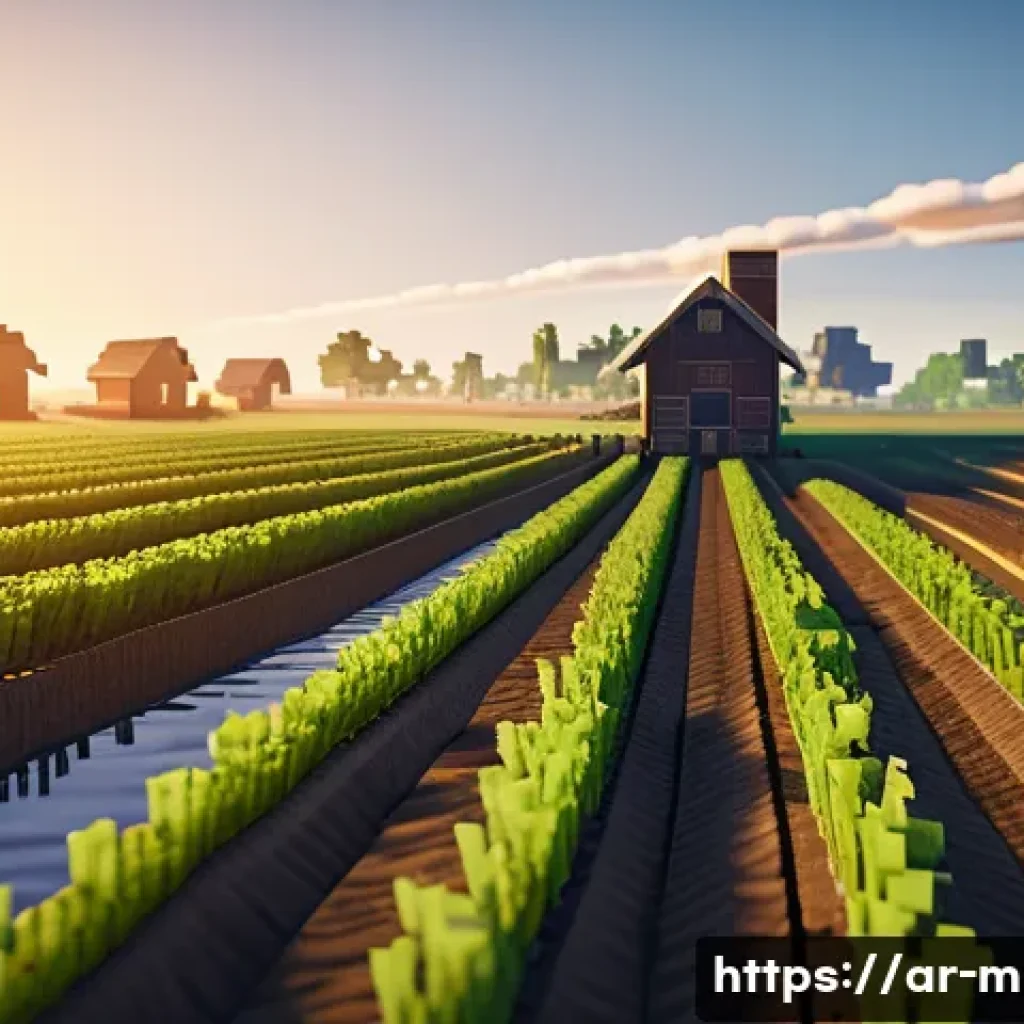 마인크래프트 농작물 성장 팁 - A detailed Minecraft-style farm scene at sunrise, featuring well-organized farmland plots with moist...
