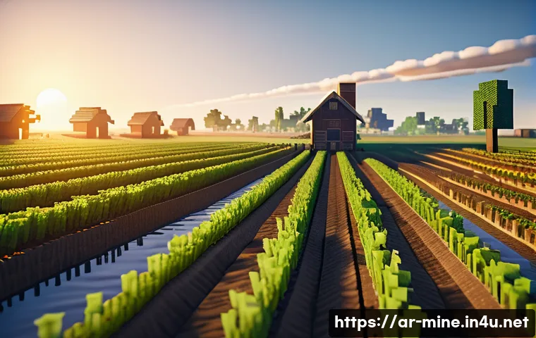 마인크래프트 농작물 성장 팁 - A detailed Minecraft-style farm scene at sunrise, featuring well-organized farmland plots with moist...