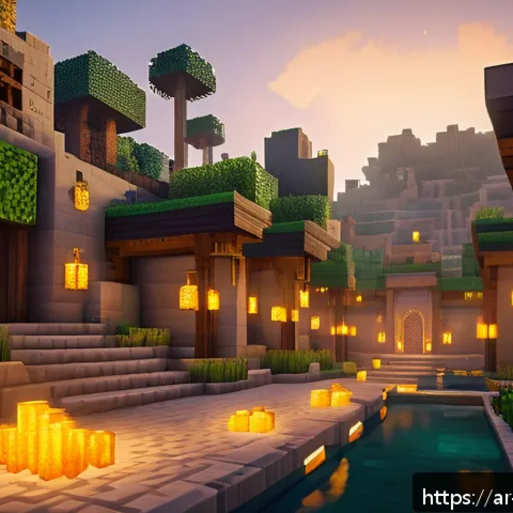 마인크래프트 초보자 탈출법 - A detailed Minecraft scene showcasing a traditional Arabian-style village built with stone and wood ...
