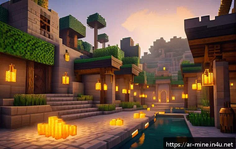 마인크래프트 초보자 탈출법 - A detailed Minecraft scene showcasing a traditional Arabian-style village built with stone and wood ...