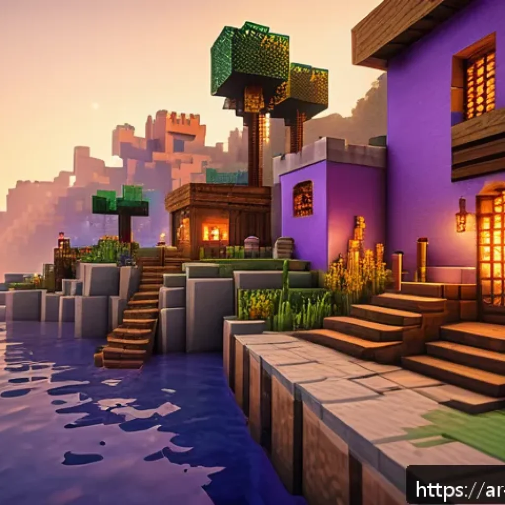 마인크래프트 초현실적 조명 팁 - A highly detailed Minecraft village scene at sunset, showcasing dynamic lighting effects with warm, ...