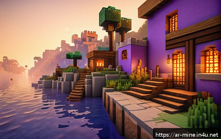 마인크래프트 초현실적 조명 팁 - A highly detailed Minecraft village scene at sunset, showcasing dynamic lighting effects with warm, ...
