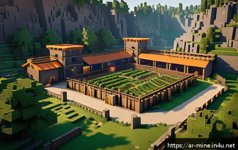 마인크래프트 서바이벌 마스터하기 - A strategic Minecraft base built atop a high mountain overlooking a vast river and dense forest, sho...
