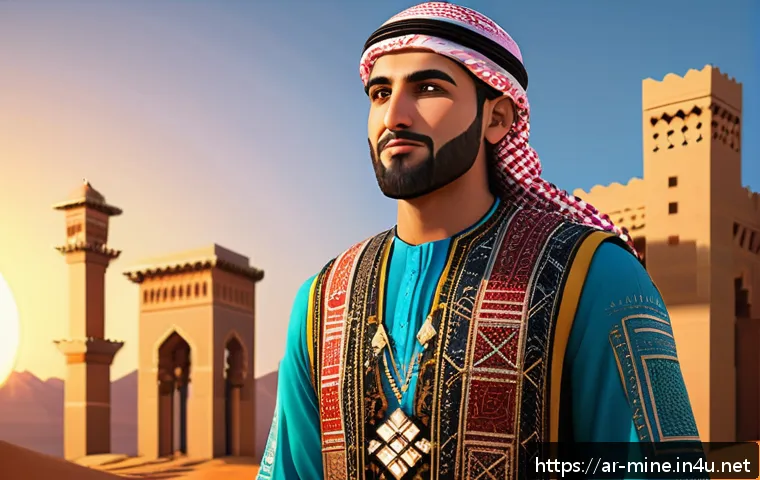 마인크래프트 스킨 다운로드 및 적용법 - A detailed digital artwork of an Arab Minecraft player character wearing a culturally inspired, mode...