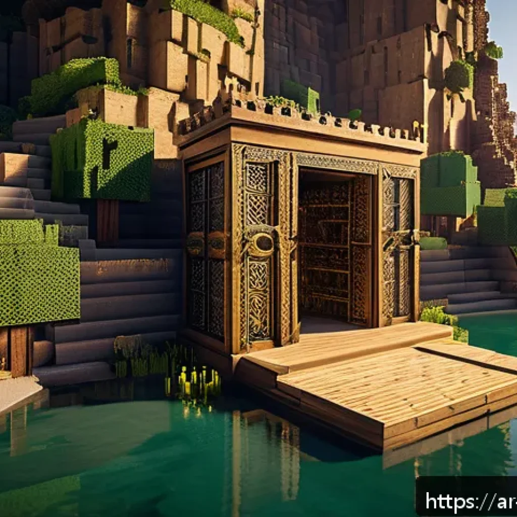 마인크래프트 생존 챌린지 - A detailed Minecraft base built near a mountain and forest landscape at sunset, featuring sturdy rei...