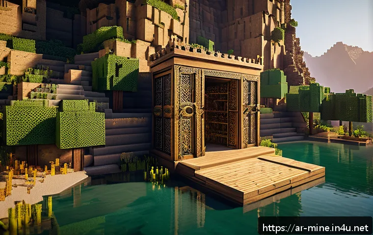 마인크래프트 생존 챌린지 - A detailed Minecraft base built near a mountain and forest landscape at sunset, featuring sturdy rei...