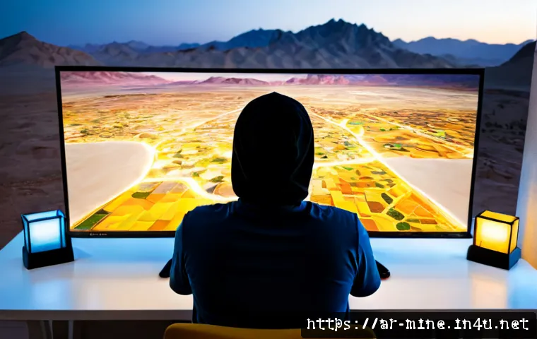 마인크래프트 초대형 맵 다운로드 - Photorealistic evening workspace in a modern Arab home, a large desktop monitor showing a vast color...