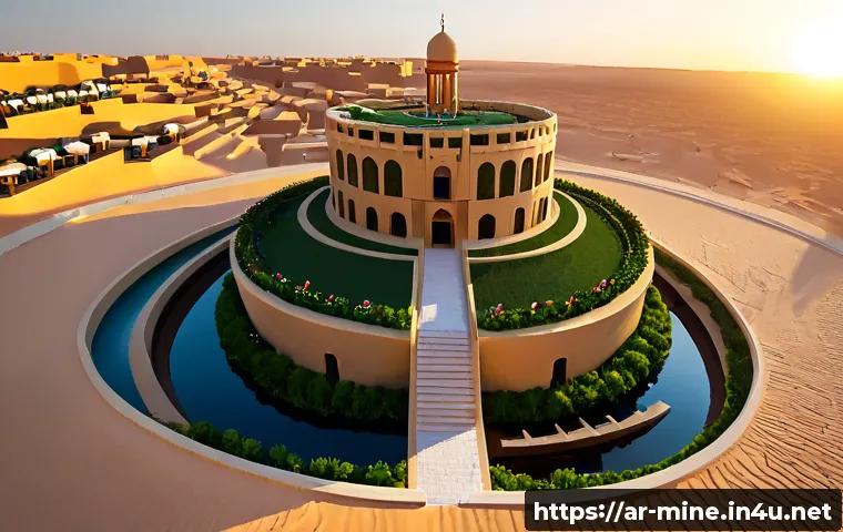 마인크래프트 혁신적인 건축물 아이디어 - Photorealistic voxel-inspired desert eco-city, an innovative stepped sandstone tower with hanging ga...